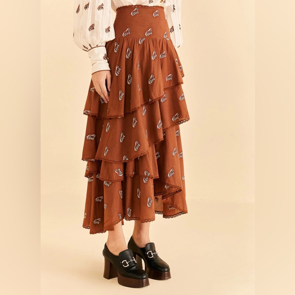 NWT Farm Rio Caramel Embroidered Horses Layered Maxi Skirt